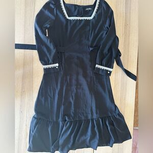 Lovely U Dear Long Sleeve Midi Dress in Black with White Trim- Medium